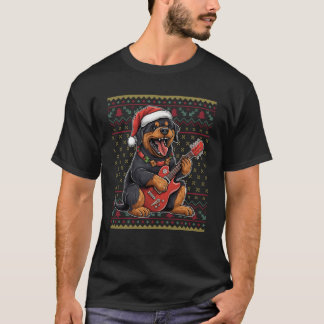 Camiseta Cachorro Tocando Violão Santa Hat Xmas Feio Rottwe