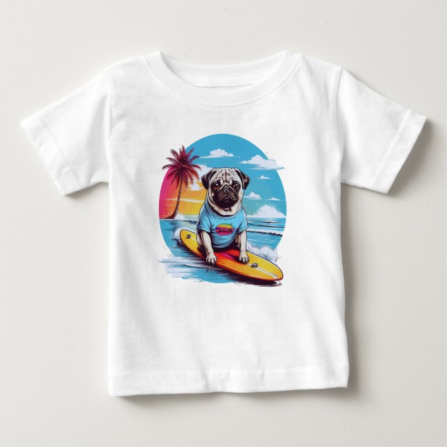 Camiseta Cachorro vetor surfando nas ondas (Frente)