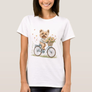 Camiseta Cachorro Yorkie Fofo Andando de Bicicleta entre Fl