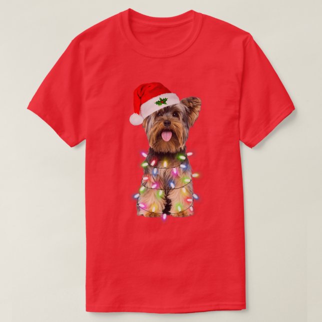 Camiseta Cachorro Yorkshire Terrier Papai Noel Árvore de Na (Frente do Design)