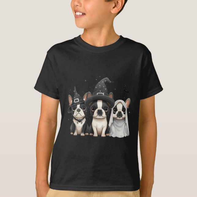 Camiseta Cachorros Boston Terrier de Halloween Fofos com Ch (Frente)