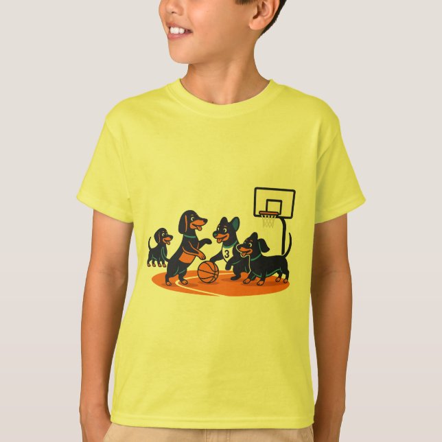 Camiseta Cachorros dachshund jogando Basquetebol (Frente)