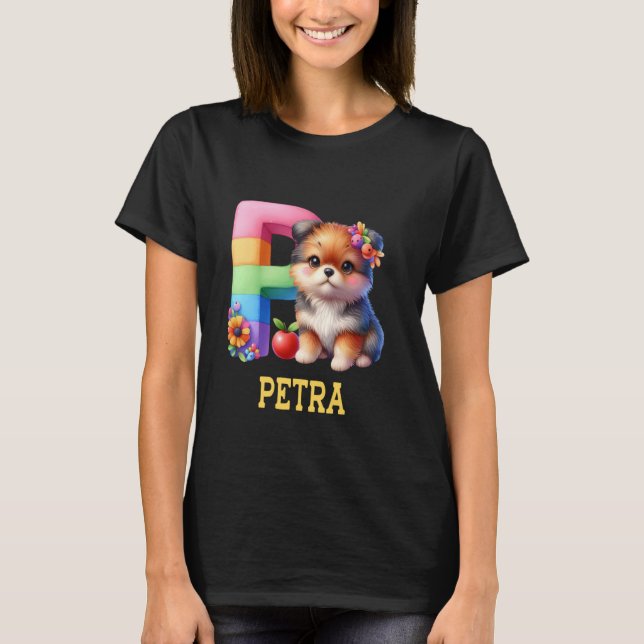 Camiseta Cachorros - Letra Petra Name - Cachorro Arco-Íris (Frente)