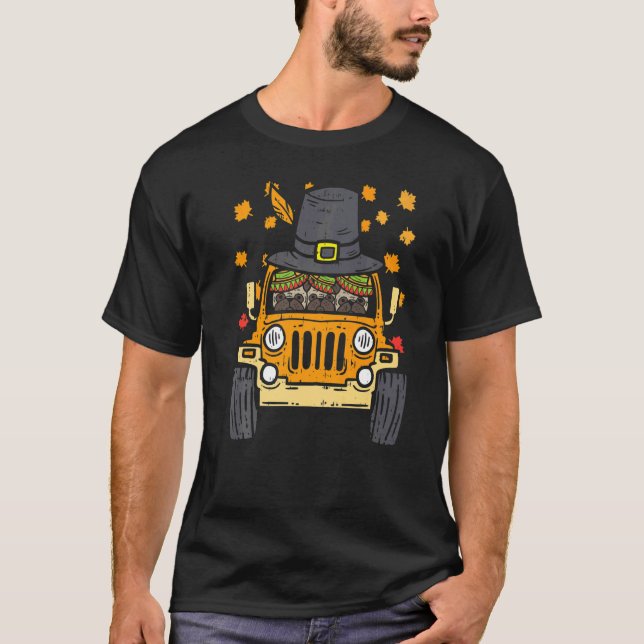 Camiseta Cachorros Pug de Folhas de Bordo de Outono Usando  (Frente)