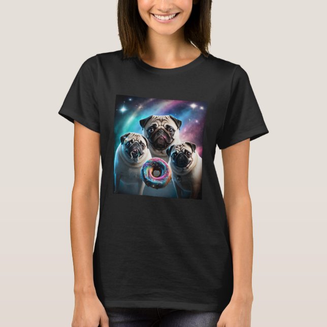 Camiseta Cachorros Pug No Espaço Com Donuts Cachorros Pug F (Frente)