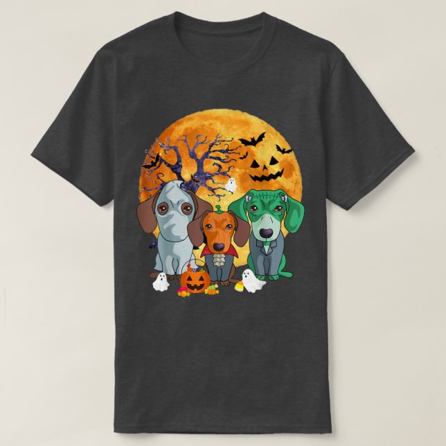 Camiseta Cachshund Dachshund Zombie Jack O Lanterna (Frente do Design)