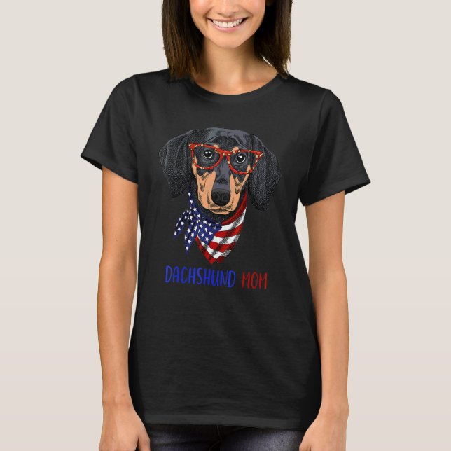 Camiseta Cachshund Mãe Óculos Leopardo Usa Bandeira 4º De (Frente)