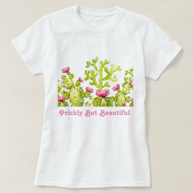 Camiseta Cacto de Pera Espinhosa com Rosa do Deserto Rosa F (Frente do Design)