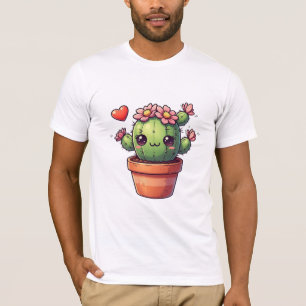 Camiseta Cacto Kawaii Fofo Com Flores Rosa