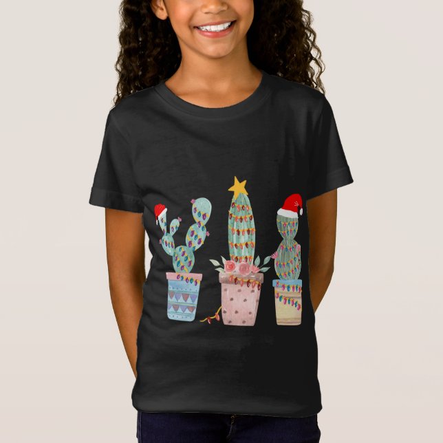 Camiseta Cactus Christmas Tree Lights Cactus Lover Mão Dr (Frente)