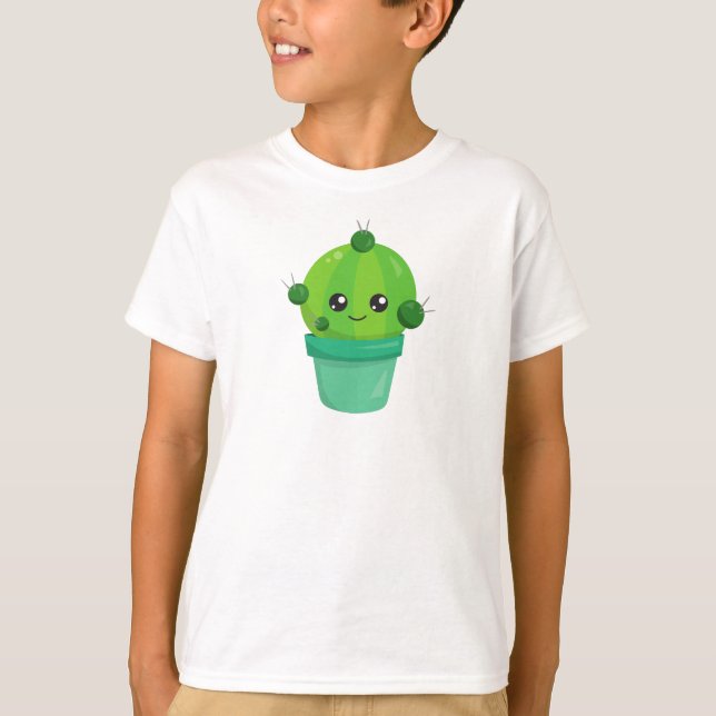 Camiseta Cactus Cute, Kawaii Cactus, Cactus Verde, Pote (Frente)