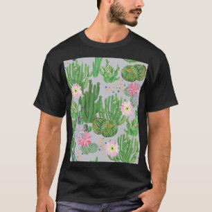 Camiseta Cactus e flores, pintura sem costura com aquarela.
