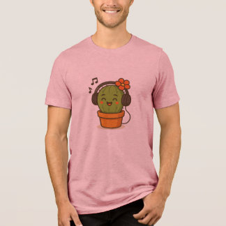 Camiseta Cactus Engraçado e Fofo Cantando com Fones de Ouvi