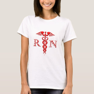 Camiseta Caduceus Registrou Enfermeira Vermelha em Branco