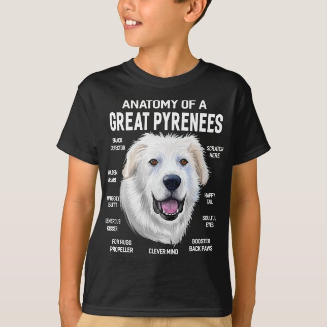 Camiseta Cães 365 Anatomia dos Pirenéus Excelentes Cão Engr (Frente)