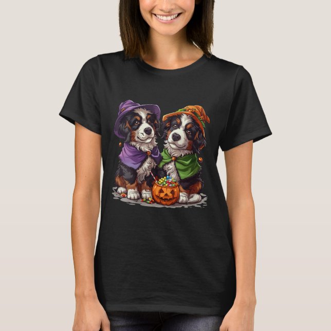 Camiseta Cães Berneses Montanheses Fofos de Mulheres Bruxa  (Frente)