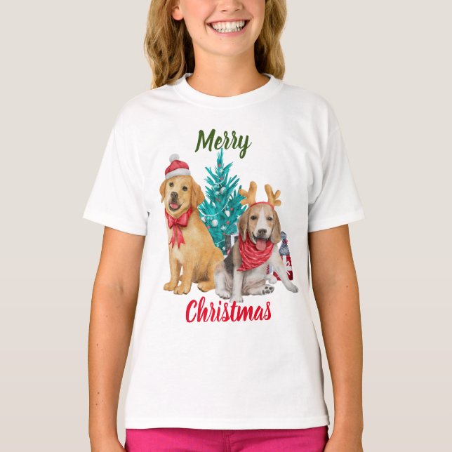 Camiseta Cães bonitos desejando Feliz Natal (Frente)