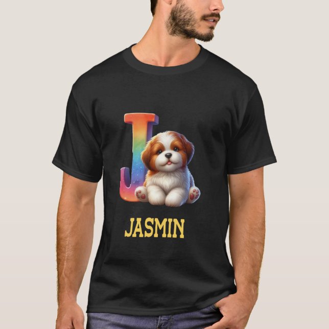 Camiseta Cães Cachorros - Letra Jasmin Nome Rainbow Dog (Frente)