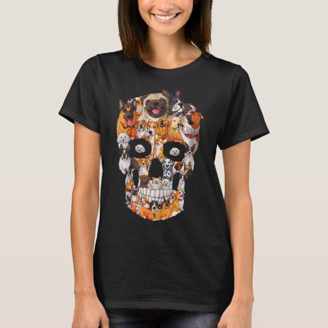 Camiseta Cães Cães Cães Crânio Pata Sobre Cão Halloween Esq (Frente)