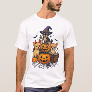 Camiseta Cães Chihuahua de Halloween Abóboras Chapéu de Bru