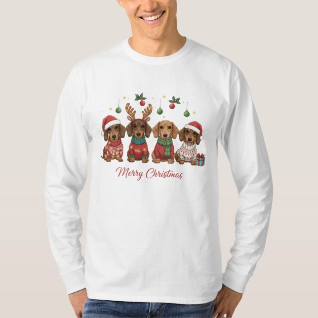 Camiseta Cães Dachshund de Natal | Cachorro Salsicha de Fér (Frente)