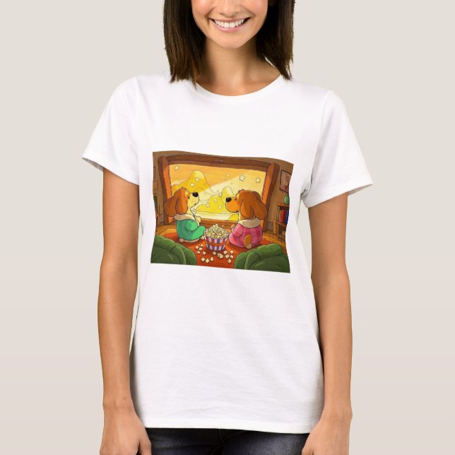 Camiseta Cães de desenho animado bonitos pipocas e filmes (Frente)