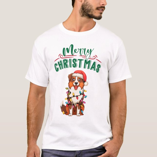 Camiseta Cães de Natal de Pastor Australiano Luzes de Natal (Frente)
