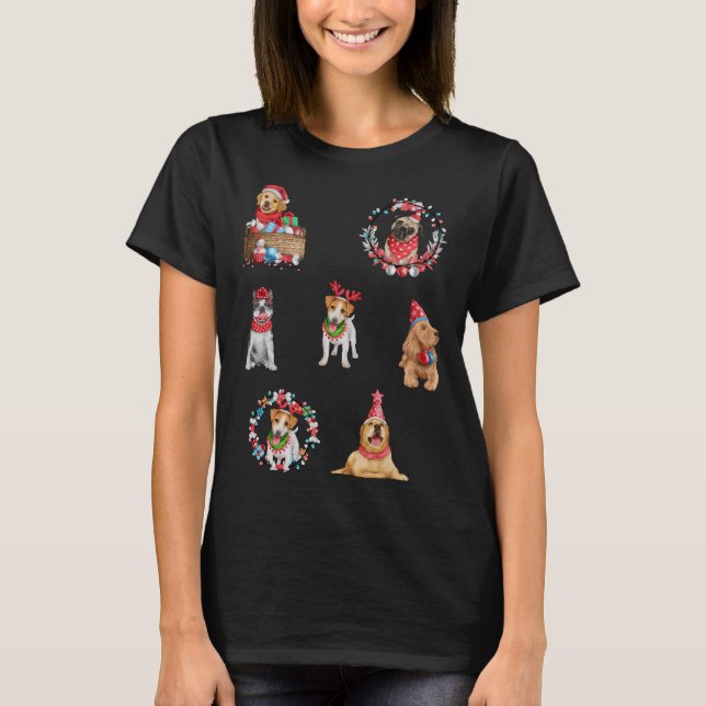 Camiseta Cães de Natal Embalagem De Ouro Pitbull Pug Para (Frente)