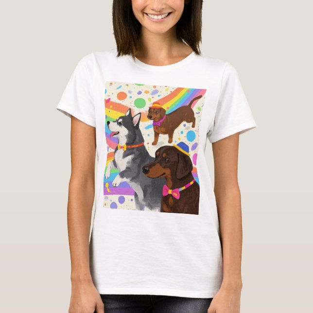 Camiseta Cães divertidos e bonitos com arco-íris (Frente)