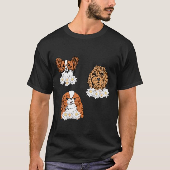 Camiseta Cães Florais Papillon Inglês Espanhol Goldendoo (Frente)