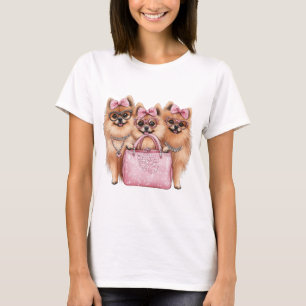 Camiseta Cães Pomeranianos Fashionáveis, Bolsa Rosa