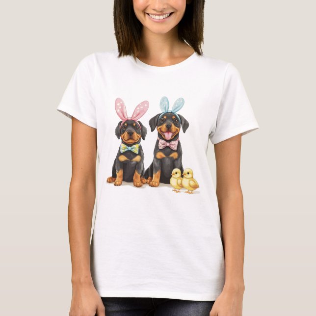 Camiseta Cães Rottweiler de Páscoa com Orelhas de Coelho (Frente)