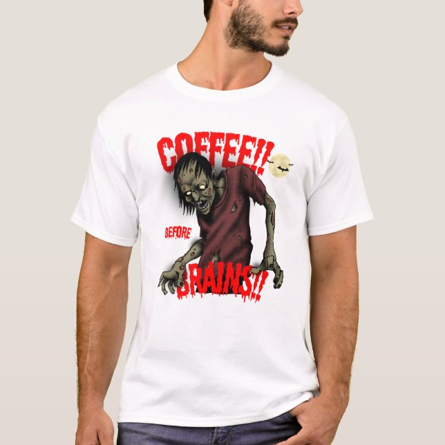 Camiseta Café Antes do Cérebro - Zombie Engraçado (Frente)