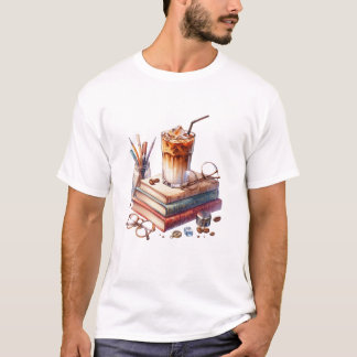 Camiseta Café com Gelo em Aquarela e Livros Antigos Acad