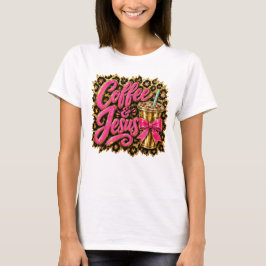 Camiseta Café Cristão Jesus Impressão Leopardo Laço Coquett