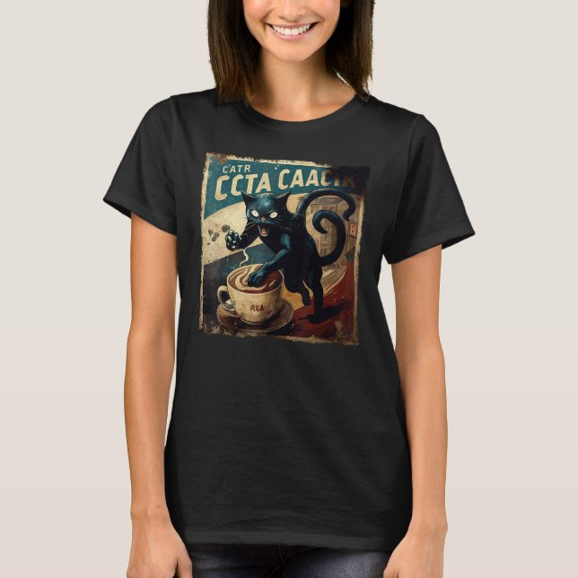 Camiseta Café de Ataque de Gato Preto Engraçado (Frente)