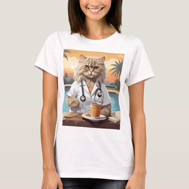 Camiseta Café de Bebendo de Gato Persa (Frente)