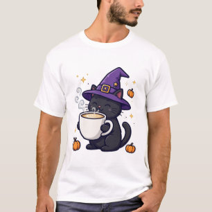 Camiseta Café de Gato com Chapéu de Bruxa Engraçado Arte de