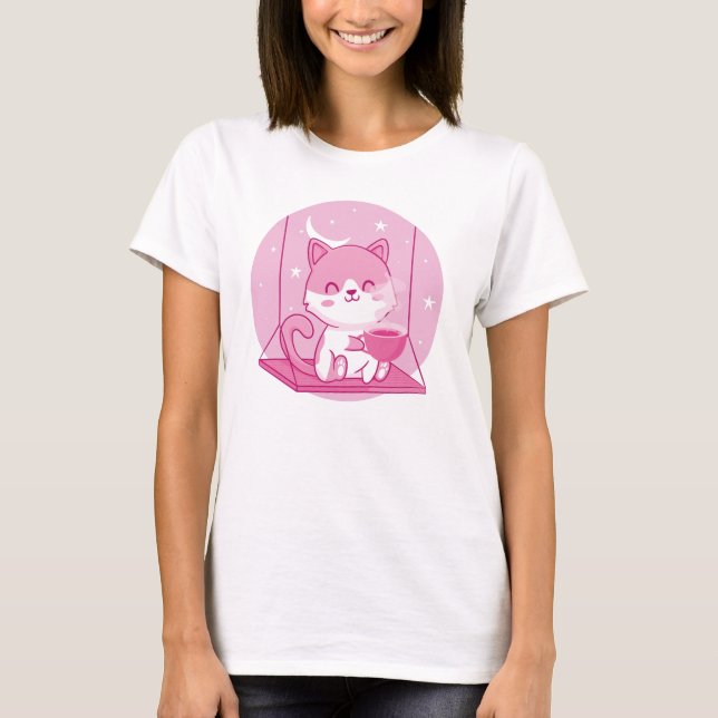 Camiseta Café de Gato Cor-de-Rosa, Bebida Cafeína Nadadora  (Frente)