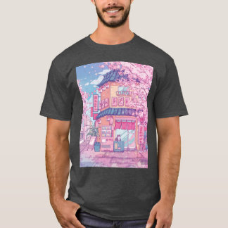 Camiseta Café de gatos fofos e as árvores de cerejeira rosa