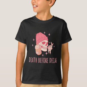 Camiseta Café de Halloween Morte Antes do Descafeinado Cave