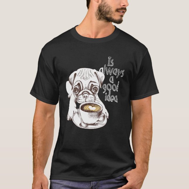 Camiseta Café E Cães Pug Fofo Com Café (Frente)