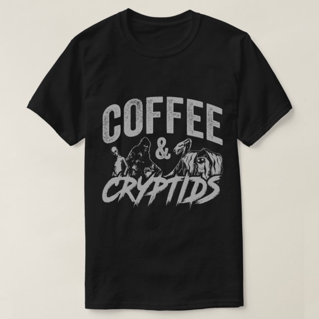 Camiseta Café e Cryptids - Pé Grande, Homem-Mãe, Nessie, Al (Frente do Design)