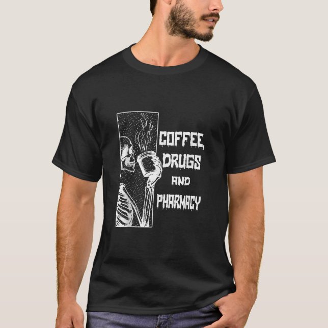Camiseta Café E Farmácia Bebendo De Esqueleto Café (Frente)