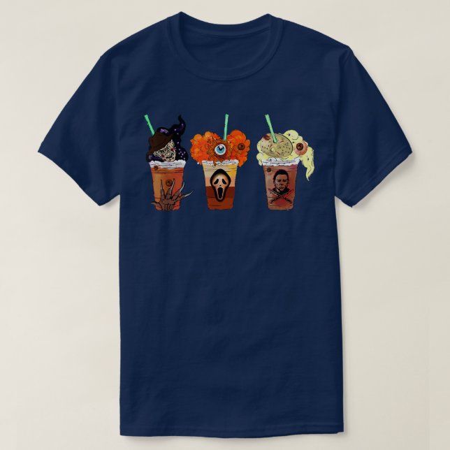 Camiseta Café E Filmes De Horror Assustam Café De Halloween (Frente do Design)