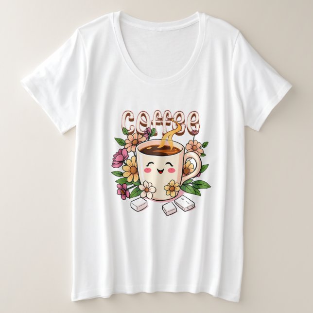 Camiseta Café e Flores de Kawaii, Retro, Cute (Frente do Design)