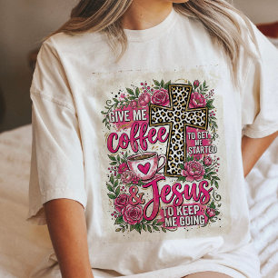 Camiseta Café E Jesus Citação Cruz Floral Rosa Leopardo