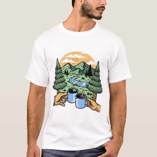 Camiseta "Café e Montanhas - Criado para Aventura" (Mistura (Frente)