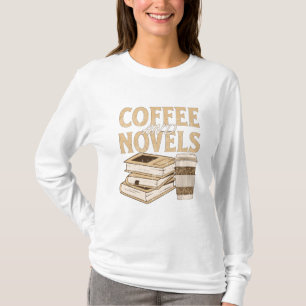 Camiseta café e romance engraçado livro vintage leitura