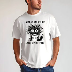 Camiseta Café Engraçado Gato - Calma Lá Fora, Dentro do Cao